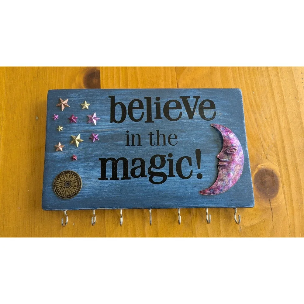 Handmade Celestial Believe‎ in the Magic Wood Wall Key Hook Plaque Moon Stars